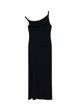 Schwarzes ärmelloses Maxikleid mit dünnen Trägern und leichter Drapierung am Busen und an der Seite.