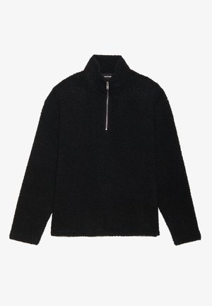Pullover en polaire noir avec un col haut, fermeture éclair quart sur le devant et manches longues. Fabriqué avec un tissu doux et texturé. Pas de logos ni de motifs visibles.