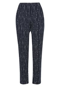 Pantalones azul marino con un patrón de puntos blancos verticales, diseño ajustado y textura suave. Presenta una cinturilla elástica para mayor comodidad.