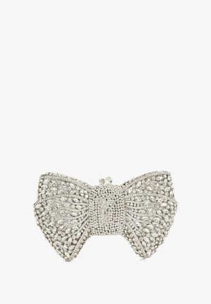 Zilverkleurige clutch in de vorm van een strik, versierd met heldere rhinestones en een kristallen sluiting bovenop.