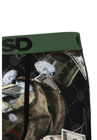 Black boxer briefs featuring a graphic design of money, diamonds, and a designer bag, with a green waistband and contrasting black details.