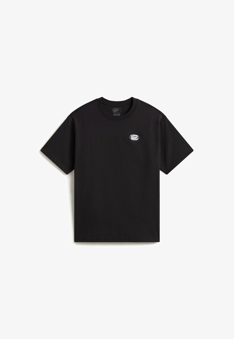 T-shirt Vans noir à manches courtes avec petit logo Vans blanc sur le côté gauche de la poitrine, col rond, design uni.