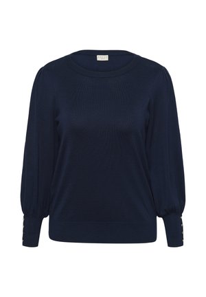 Tumši zila adīta džemperis ar apaļu kakla izgriezumu, puffed piedurknēm un pogu akcentiem pie aprocēm. Gluda faktūra ar pieguļošu siluetu.