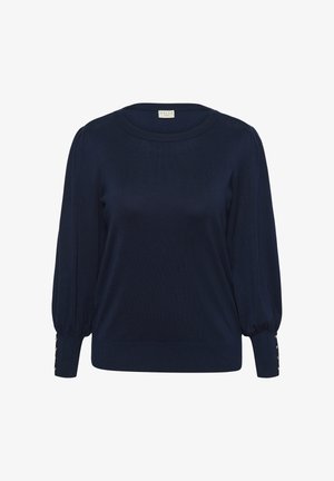 Maglione lavorato a maglia blu navy con scollatura rotonda, maniche a palloncino e dettagli con bottoni ai polsini. Texture liscia con una silhouette aderente.