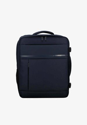Marineblauwe stoffen rugzak met verstelbare schouderbanden, handvat aan de bovenkant, voorzak met rits en een gladde textuur. Beschikt over een minimalistisch ontwerp en een verstevigende bodem.