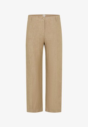 Pantalons en lin beige clair avec une coupe décontractée. Dotés d'une fermeture éclair, de deux poches avant et d'un tissu texturé, offrant un look casual.