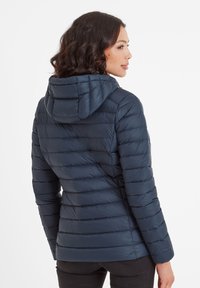 Navy blue puffer jacket with a hood, featuring horizontal quilting, zip closure, and a fitted design. Textured, lightweight material.