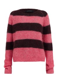 Pull en maille duveteuse rayé rose et brun foncé avec manches longues, poignets et ourlet côtelés.