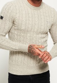 Jasnoszary sweter z teksturowanej tkaniny o splotach kablowych, z prążkowanym okrągłym dekoltem oraz długimi rękawami, z małym logo na piersi.