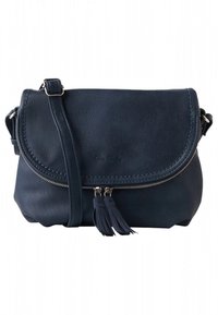 Borsa a tracolla blu navy in pelle testurizzata, con chiusura a patta, tasca con cerniera e due nappine come decorazione sulla cerniera.