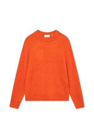 Orange sweater made of soft fabric, featuring a ribbed neckline and hem, with long sleeves and a relaxed fit. No patterns or embellishments.