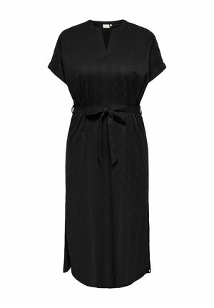 Schwarzes Kleid mit Gürtel, kurzen Ärmeln, V-Ausschnitt und Zickzackstruktur. Verfügt über einen seitlichen Schlitz für zusätzliche Details. Zeigt eine lockere Passform.