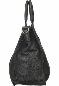 Svart läderväska med en strukturerad yta. Har en unik form, släta handtag och en cirkulär metallaccent nära remmen.