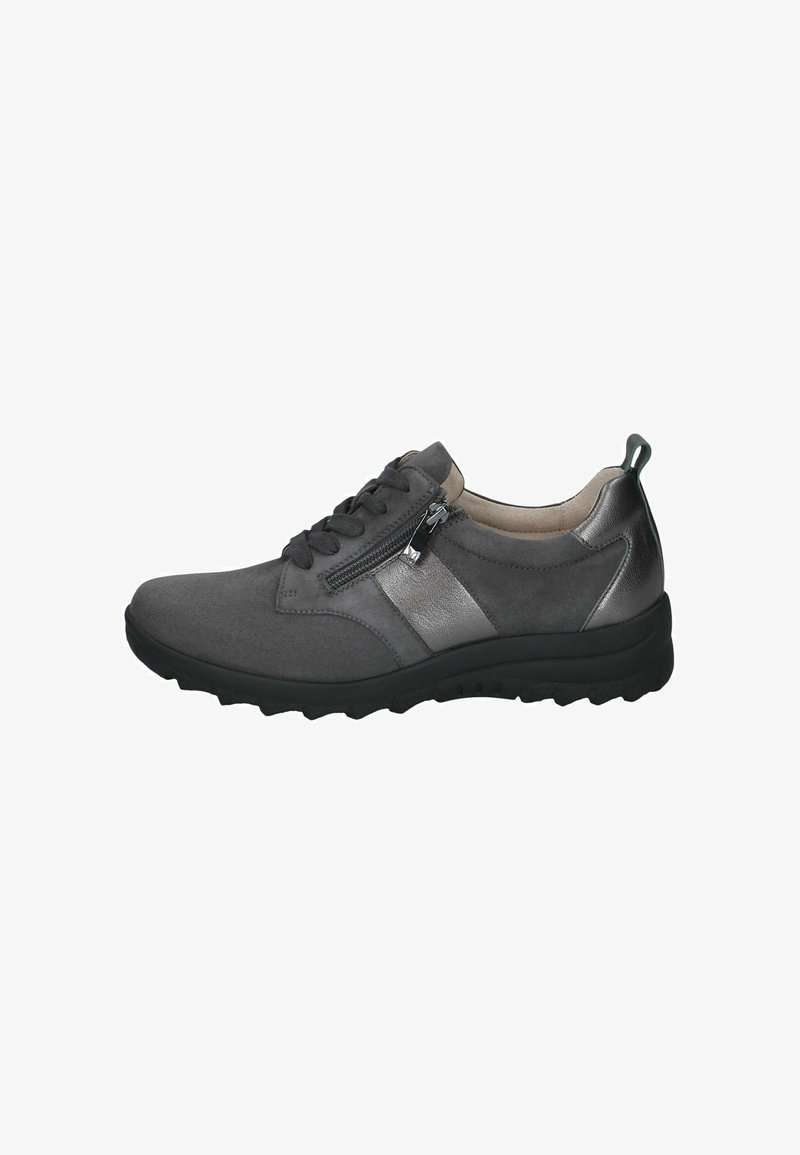 Chaussure décontractée gris foncé à lacets avec fermeture éclair latérale, détail métallique, col rembourré, semelle noire et languette à l’arrière.