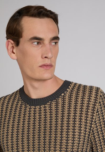 Joven con cabello corto y castaño, vistiendo un suéter de punto texturizado con rayas verticales negras y beige, mirando hacia su izquierda.