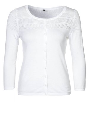 Cardigan bianco con maniche lunghe, scollatura rotonda e chiusura a bottoni. Presenta un motivo a maglia testurizzato alle spalle e un corpo liscio.