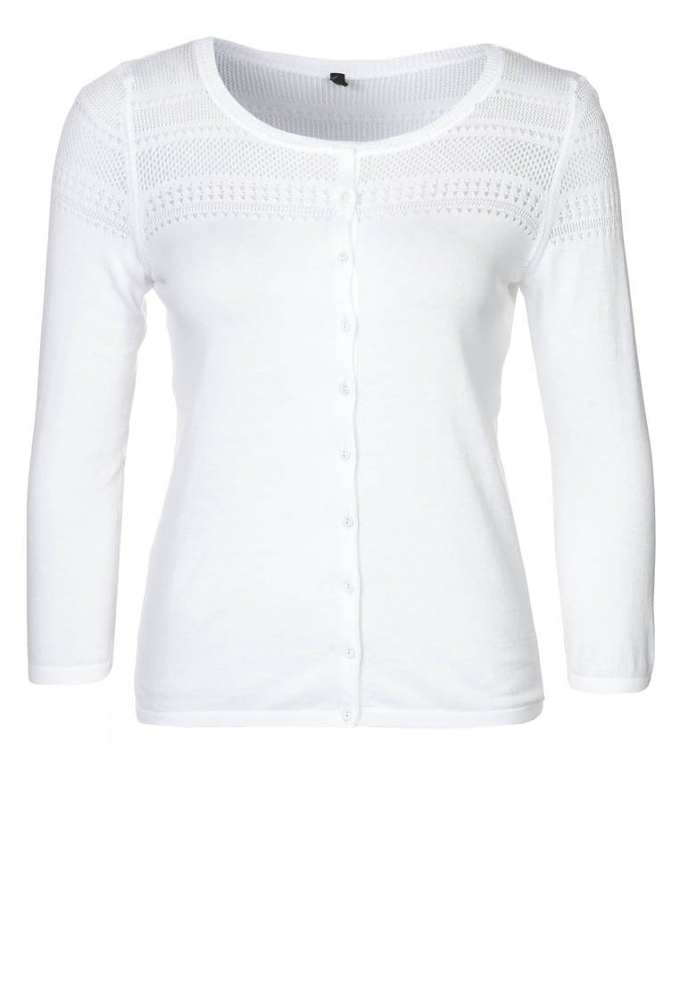 Vit cardigan med långa ärmar, rund halsringning och knappstängning. Har ett strukturerat stickat mönster vid axlarna och en slät kropp.