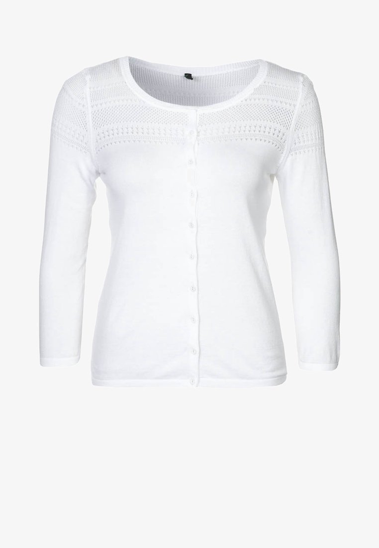 White cardigan with long sleeves, round neckline, and button closure. Features textured knit pattern at the shoulders and smooth body.