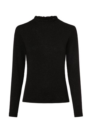 Schwarzer Langarm-Pullover mit dezentem Schimmer, figurbetonter Silhouette und kleinem, gerafftem Stehkragen.