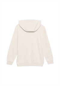 Licht beige hoodie met een zachte textuur, voorzien van een kangoeroezak, brede mouwen en een capuchon met trekkoord. Naadloos ontwerp aan de achterkant.