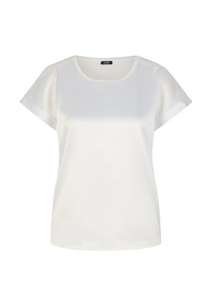 Weißes Kurzarm-Blusenshirt mit rundem Halsausschnitt. Aus glattem Stoff gefertigt, mit leicht umgeschlagenen Ärmeln und einem lockeren Schnitt.