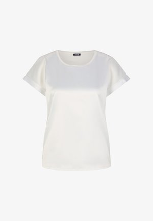 Weißes Kurzarm-Blusenshirt mit rundem Halsausschnitt. Aus glattem Stoff gefertigt, mit leicht umgeschlagenen Ärmeln und einem lockeren Schnitt.