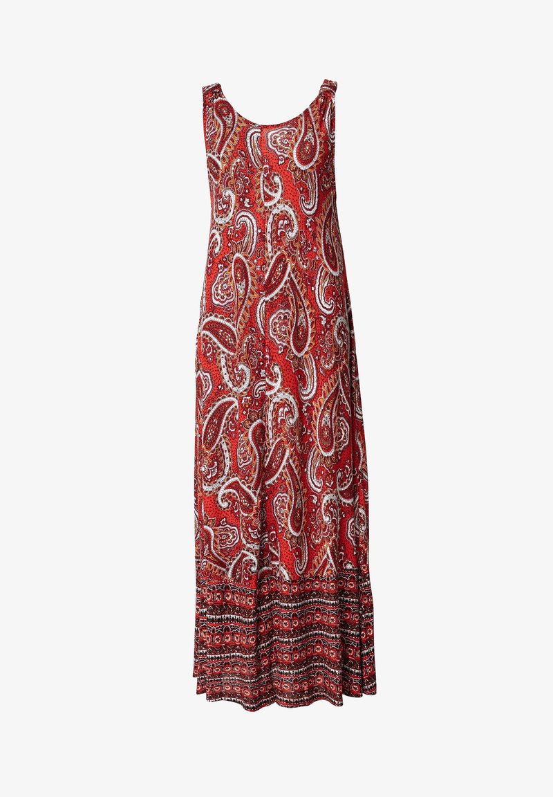 Red paisley-patterned maxi dress with a scoop neck, sleeveless design, textured fabric, and ruffled hemline with intricate black and white accents.