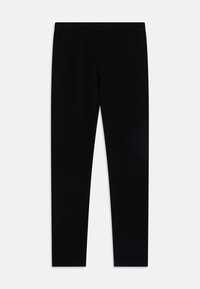Schwarze Leggings aus einem glatten, dehnbaren Stoff. Sie verfügen über ein körpernahes Design mit einem elastischen Bund für Komfort und einfache Handhabung.