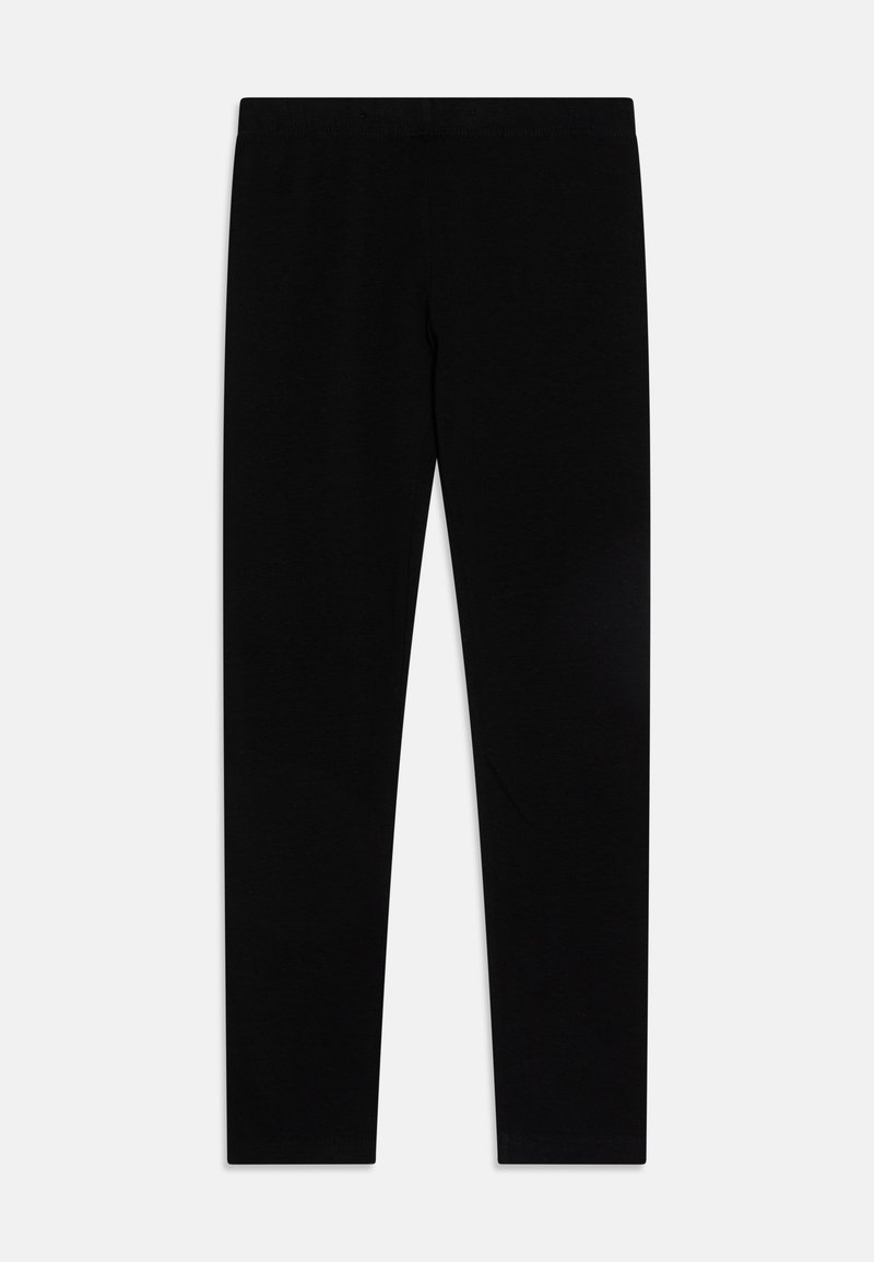 Schwarze Leggings aus einem glatten, dehnbaren Stoff. Sie verfügen über ein körpernahes Design mit einem elastischen Bund für Komfort und einfache Handhabung.