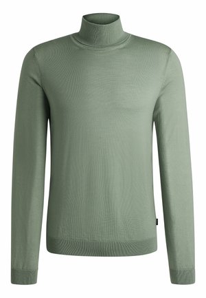 Maglione a collo alto verde chiaro con maniche lunghe, caratterizzato da una trama liscia e bordi a costine al colletto e all'orlo. Design semplice.