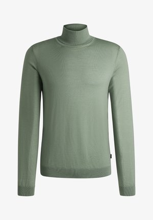Hellgrüner Rollkragenpullover mit langen Ärmeln, der über eine glatte Textur und gerippte Kanten am Kragen und Saum verfügt. Schlichtes Design.