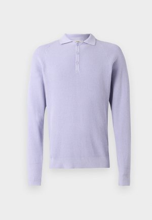 Lavender long-sleeve polo sweater featuring a ribbed texture, three-button placket, and contrasting collar. Lightweight knit fabric.