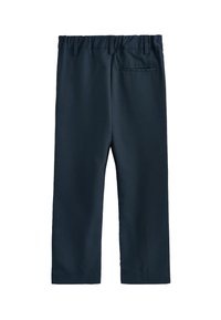 Pantalon bleu marine avec une taille élastique, design à jambe droite, texture lisse et une poche arrière.