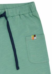 Grüne Shorts mit elastischem Bund und marineblauem Kordelzug, mit einer Seitenasche und einem mehrfarbigen Aufnäher. Weicher, leichter Stoff.