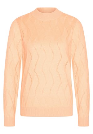 Perzikkleurige gebreide trui met een golfpatroon en geribde ronde hals. Lange mouwen met geribde manchet en zoom. Zachte textuur.