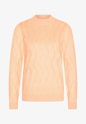 Suéter de color durazno de punto con un patrón de olas y cuello redondo acanalado. Mangas largas con puños acanalados y dobladillo. Textura suave.