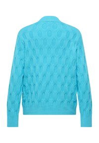 Türkisfarbener, gestrickter Pullover mit strukturiertem Rautenmuster, langen Ärmeln sowie einem gerippten Halsausschnitt und Saum.