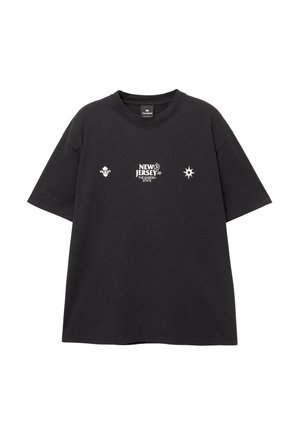 Schwarzes Baumwoll-T-Shirt mit lockerer Passform, Rundhalsausschnitt und kurzen Ärmeln. Mit weißem Text "NEW JERSEY THE GARDEN STATE" und dekorativen Symbolen.