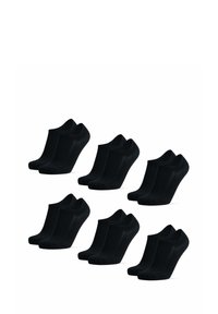 Svarta ankelsockor, sex par visade, gjorda av mjukt material med en slät yta. Enkel design, utan mönster eller framträdande accenter.
