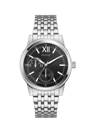 Montre-bracelet en acier inoxydable argenté avec un cadran noir, des index numériques blancs, des fonctions de chronographe et un bracelet à maillons.