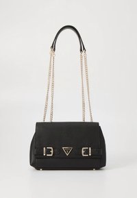 Black leather handbag with gold chain straps, rectangular shape, front buckle accents, and a triangular logo plate. Smooth texture.