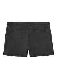 Melnas šortas, kas izgatavoti no elastīga auduma. Raksturīga gluda tekstūra, vidēja garuma griezums un plakani šķaudi gar jostasvietu un malām.