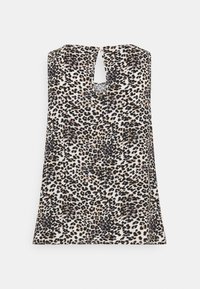 Ärmlös topp i ljus beige med svart och bruna prickar i leopardmönster, med en nyckelhålsöppning i ryggen och en lös passform.