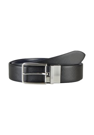 Black leather belt with a silver rectangular buckle and textured finish, rolled up with one end angled outward on white background.