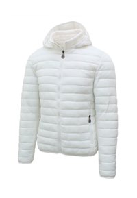 Giacca trapuntata bianca con cappuccio, presenta una chiusura con zip anteriore e tasche, texture liscia e dettaglio di cuciture orizzontali.