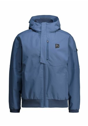 Zila ūdensizturīga jaka ar kapuci, priekšējo rāvējslēdzēju un elastīgām aprocēm. Uz krūtīm ir logo uzlīme un sieta piegriezuma detaļas apakšmalā.