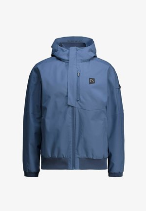 Kék vízálló dzseki kapucnival, elöl cipzárral és rugalmas mandzsettákkal. A mellrészen logófolt és hálós szegélydíszítés található.