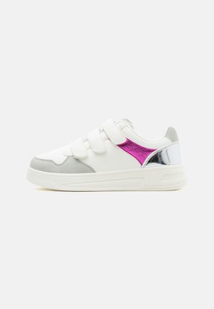 White sneaker with three Velcro straps, gray toe and heel accents, and metallic pink and silver details on the side and back.