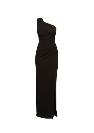 Abito nero monospalla con dettagli arricciati, vita aderente e spacco alto fino alla coscia. Realizzato in un tessuto liscio e elasticizzato.