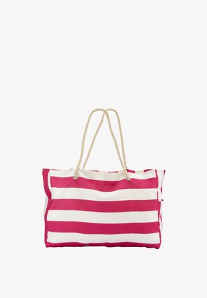 Gestreifte Tragetasche aus pink-weißer Baumwolle, mit zwei dicken Seilgriffen und einem offenen Design, geeignet für Strand- oder Freizeitnutzung.